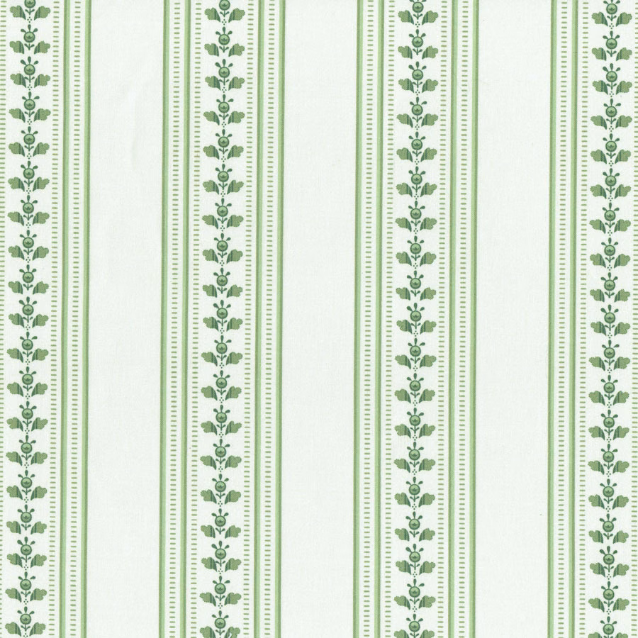 Vertical sage green stripe fabric with small floral sprig columns on a pale ground