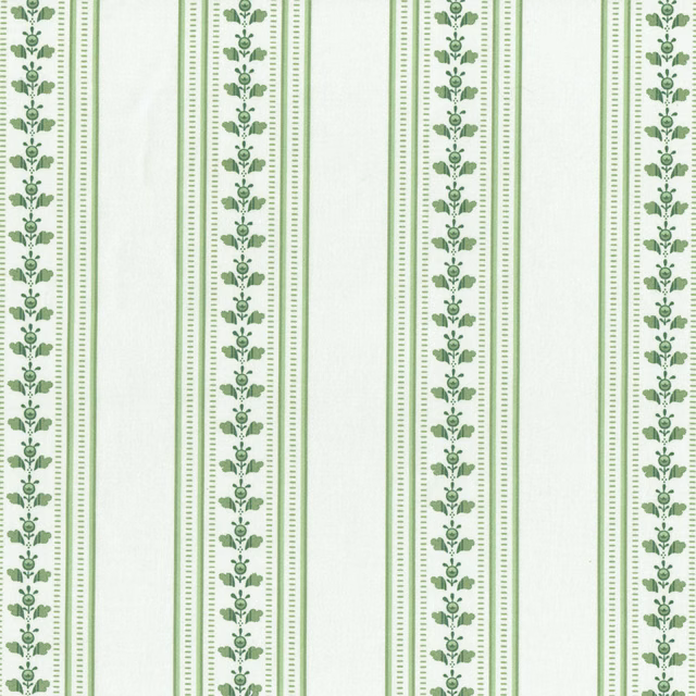 Vertical sage green stripe fabric with small floral sprig columns on a pale ground