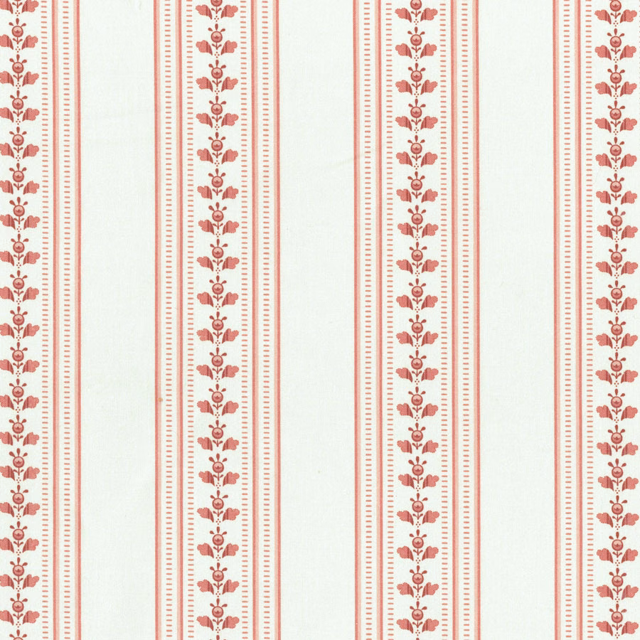 Vertical red stripe fabric with tiny floral motifs on a pale ground