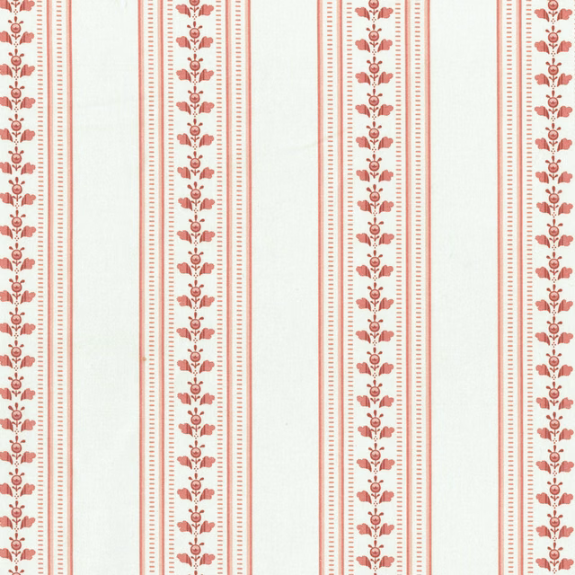 Vertical red stripe fabric with tiny floral motifs on a pale ground