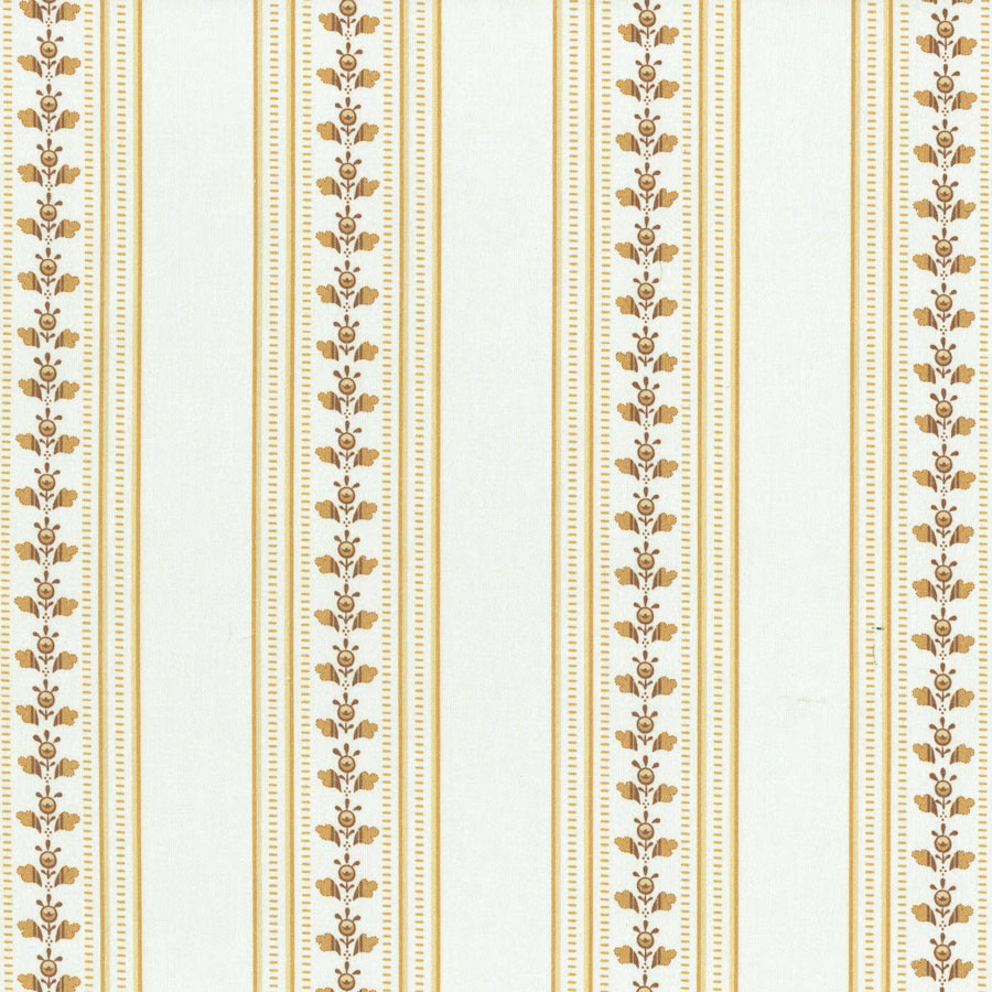 Vertical pale fabric swatch with narrow ochre floral stripes and dotted borders