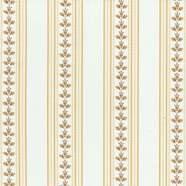 Vertical pale fabric swatch with narrow ochre floral stripes and dotted borders