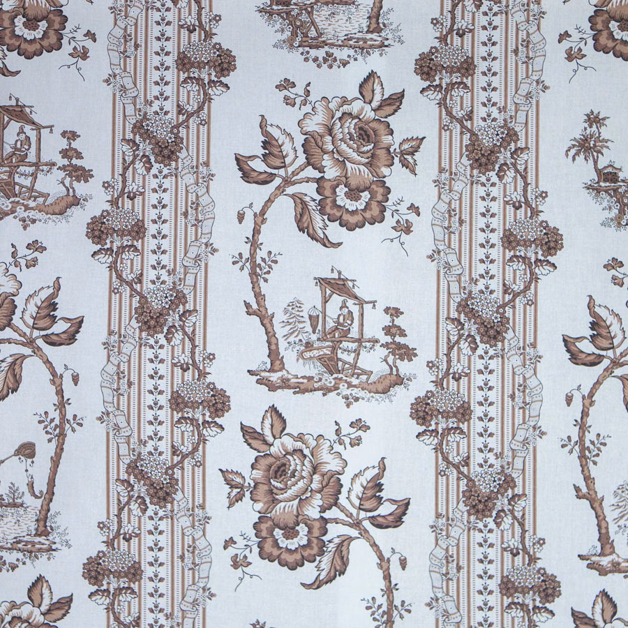 Brown and taupe chinoiserie toile with floral sprays, figures and stripe panels