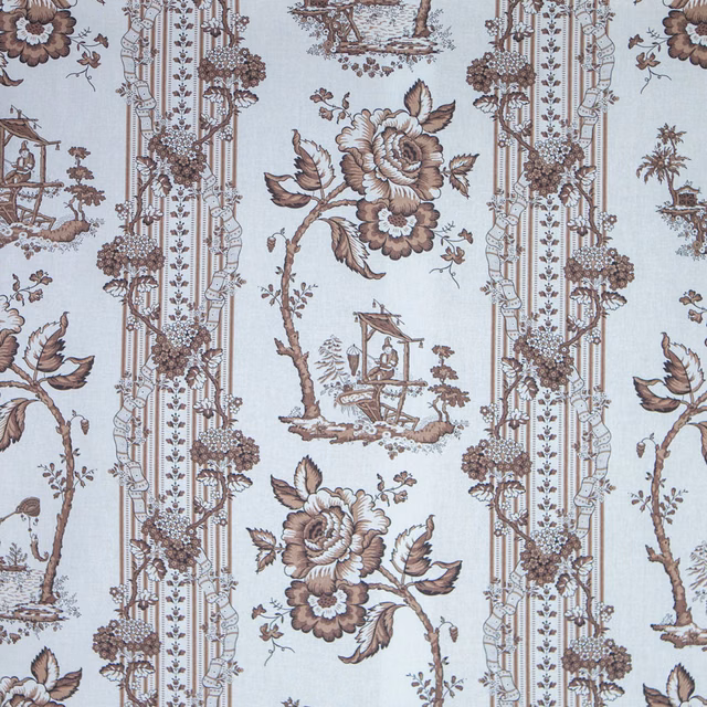 Brown and taupe chinoiserie toile with floral sprays, figures and stripe panels