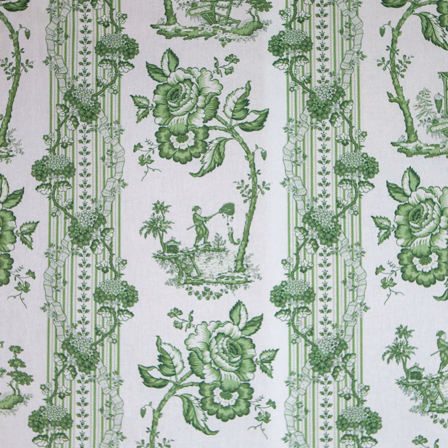 Green chinoiserie toile with floral stripes and scenic vignettes on a pale ground