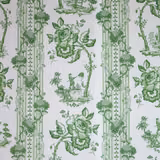 Green chinoiserie toile with floral stripes and scenic vignettes on a pale ground
