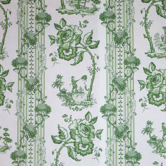 Green chinoiserie toile with floral stripes and scenic vignettes on a pale ground