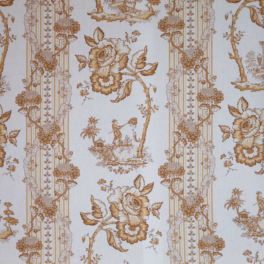Taupe Oriental toile fabric with pagodas, figures, flowers and border stripes