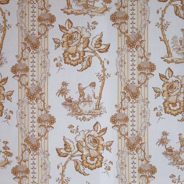 Taupe Oriental toile fabric with pagodas, figures, flowers and border stripes