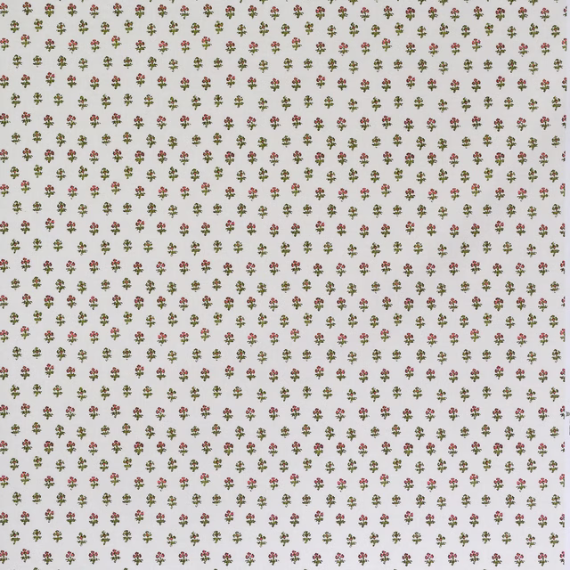 Ivory fabric swatch with tiny green, pink and brown floral sprigs