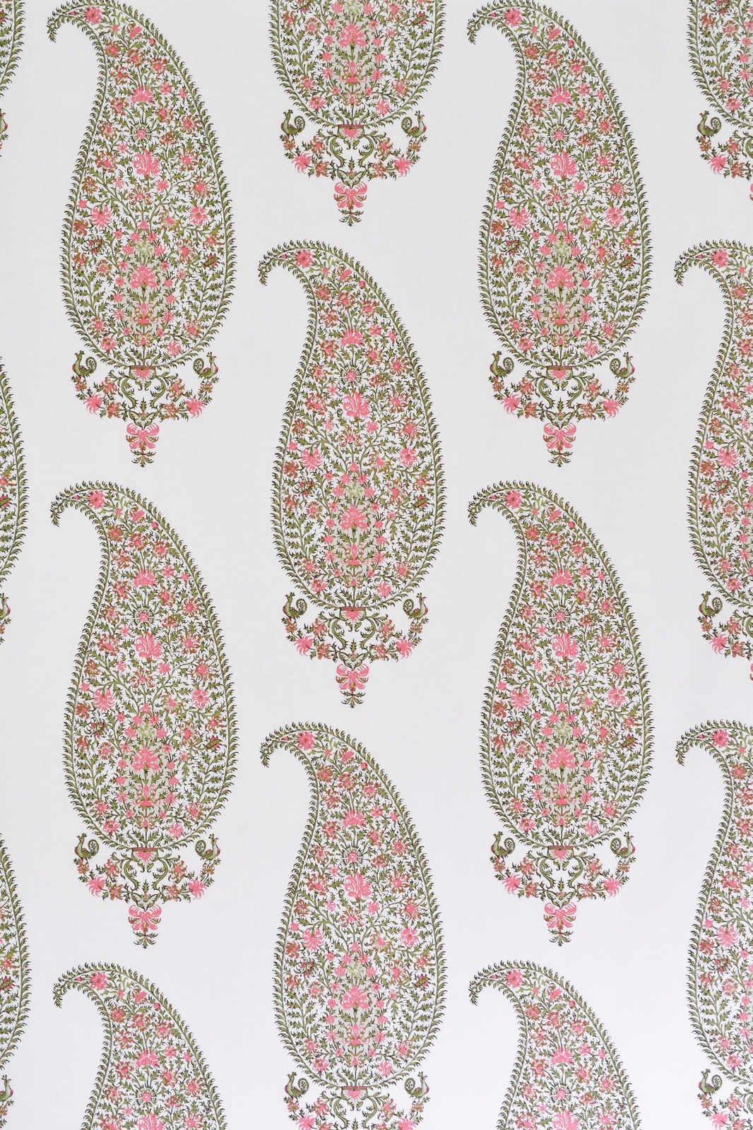 Large blush pink paisley repeats with olive floral detailing on a pale ground
