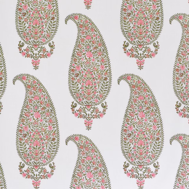 Large blush pink paisley repeats with olive floral detailing on a pale ground