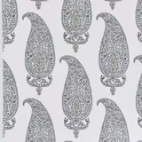 Large paisley print in soft dove grey, blue-grey and muted gold on a pale ground