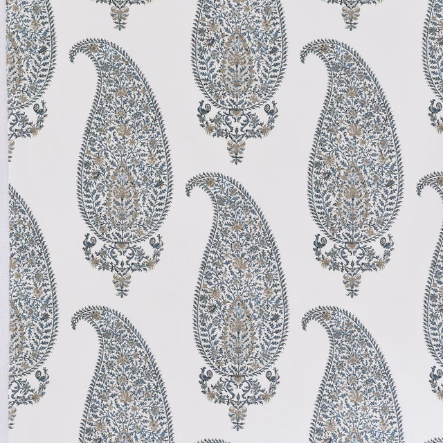 Large paisley print in soft dove grey, blue-grey and muted gold on a pale ground