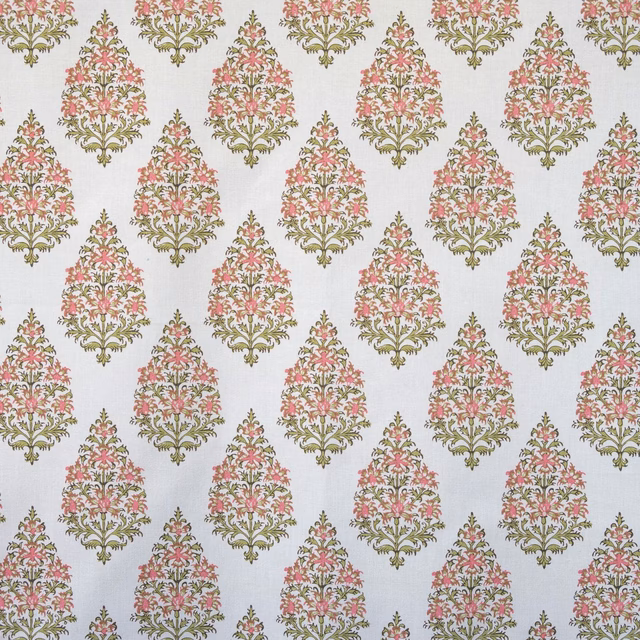 Ivory fabric with repeating pink and olive floral tree motifs