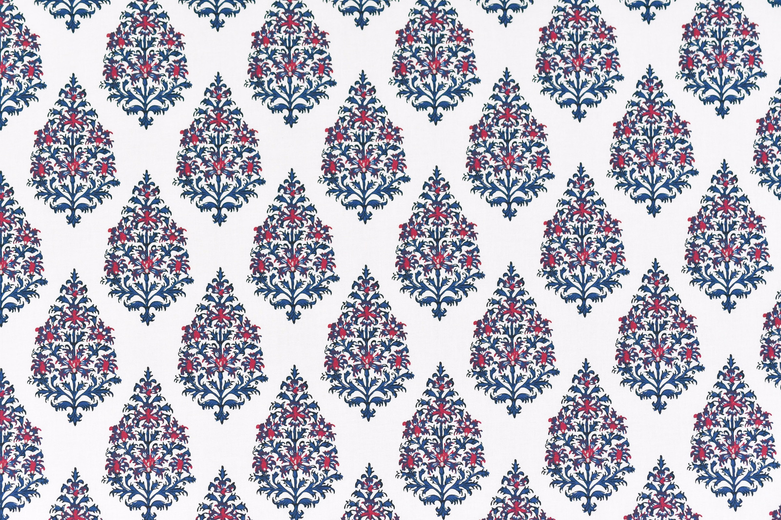 White fabric swatch with repeating navy and pink damask motifs