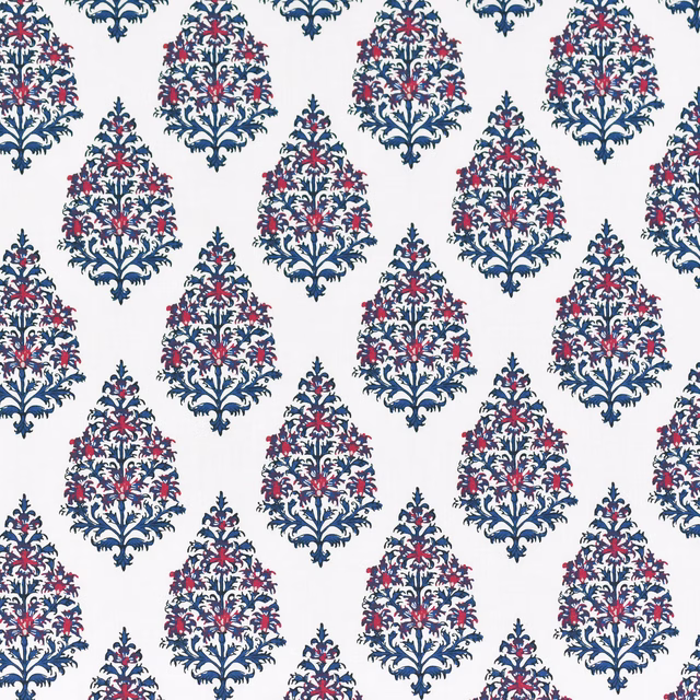 White fabric swatch with repeating navy and pink damask motifs