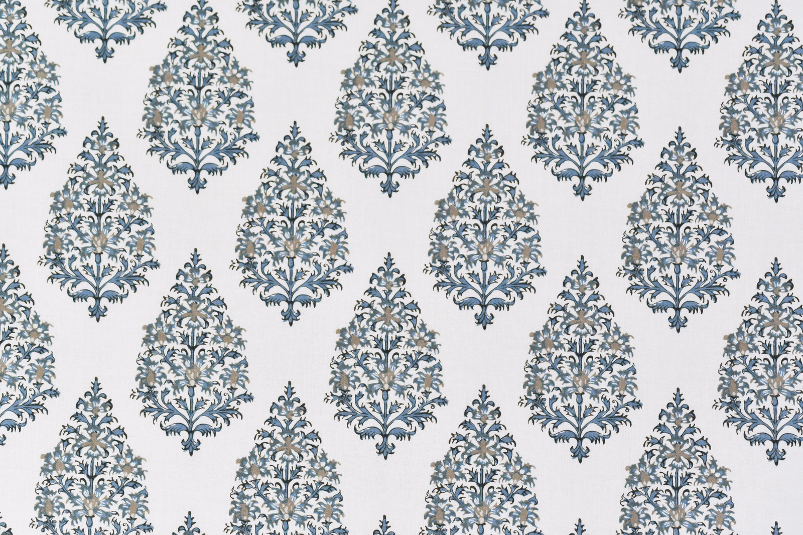 Blue-grey damask motif on a pale ground with a crisp woven-looking texture
