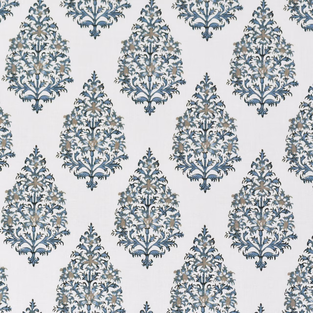 Blue-grey damask motif on a pale ground with a crisp woven-looking texture
