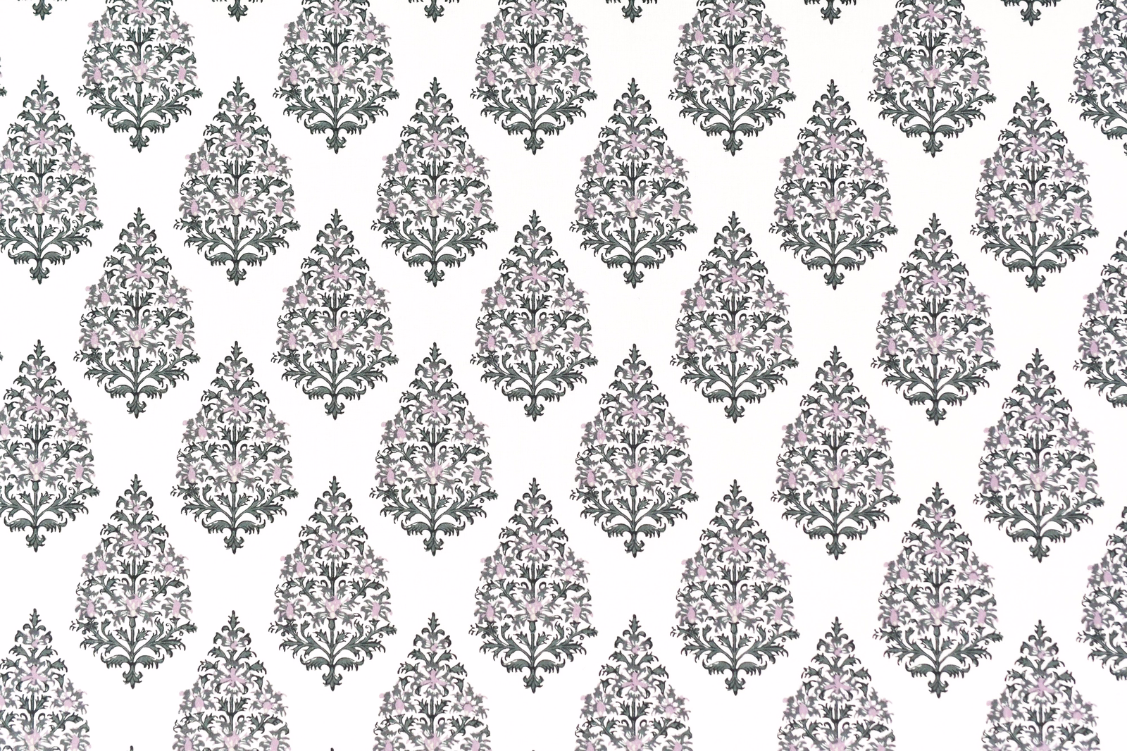 White fabric swatch with repeating sage green and blush pink damask motifs
