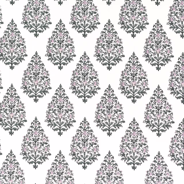 White fabric swatch with repeating sage green and blush pink damask motifs
