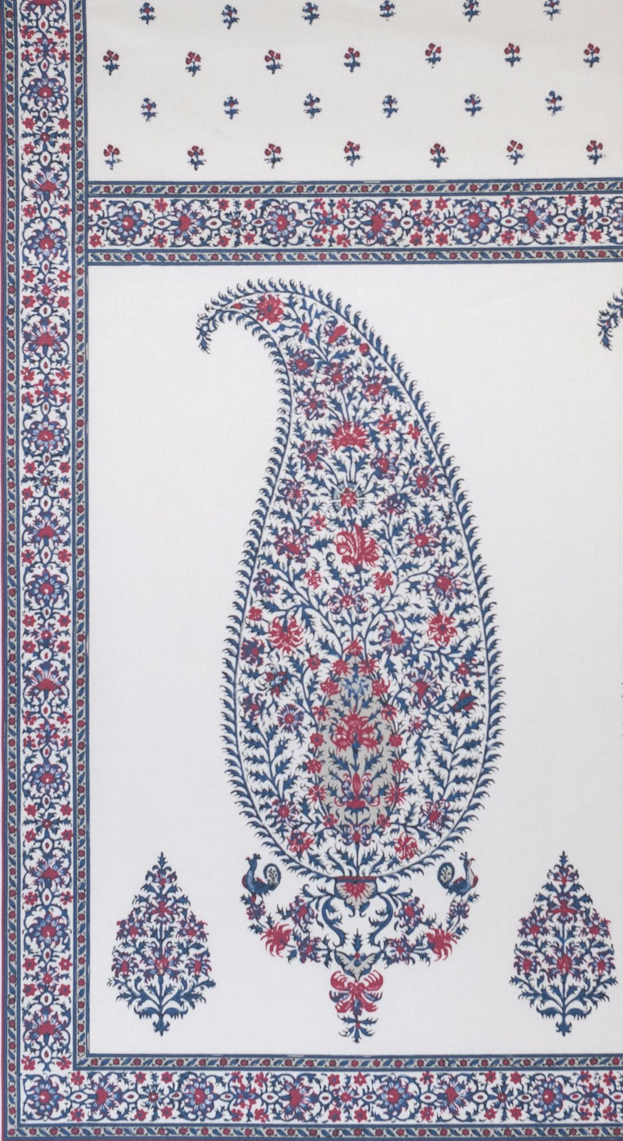 Ivory printed fabric with navy and red floral border and central panel motif