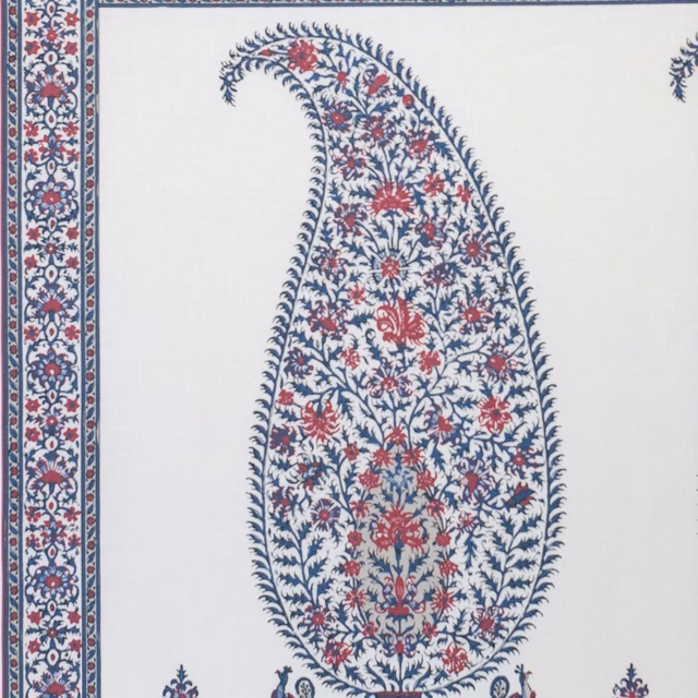 Ivory printed fabric with navy and red floral border and central panel motif