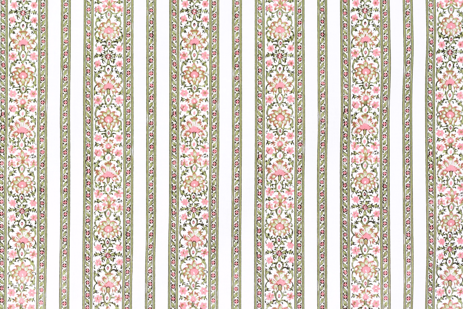 Vertical sage green and blush floral stripe fabric with slender decorative bands