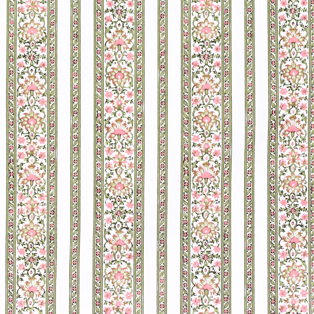 Vertical sage green and blush floral stripe fabric with slender decorative bands