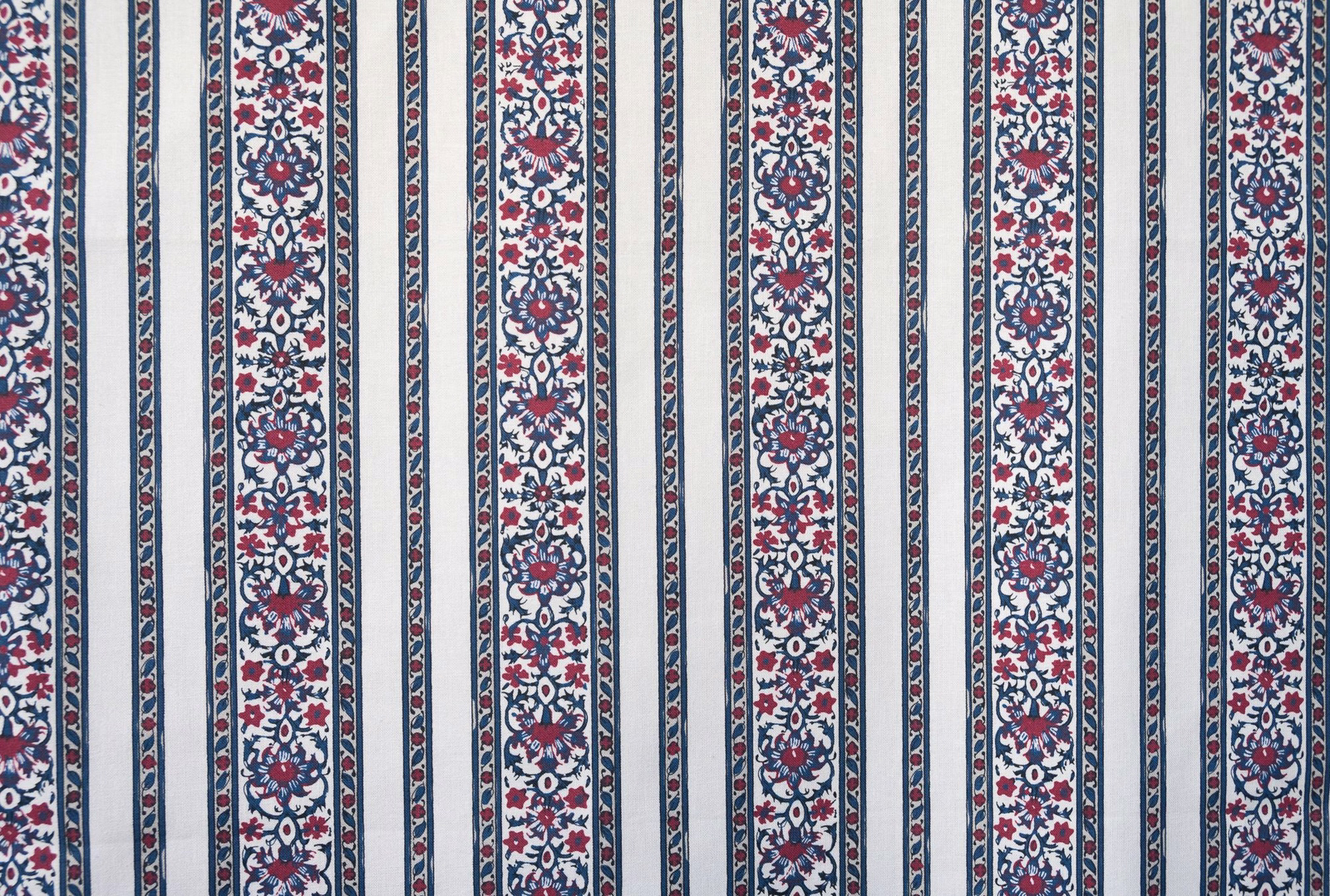 Vertical blue and pink floral stripe fabric on a pale ground