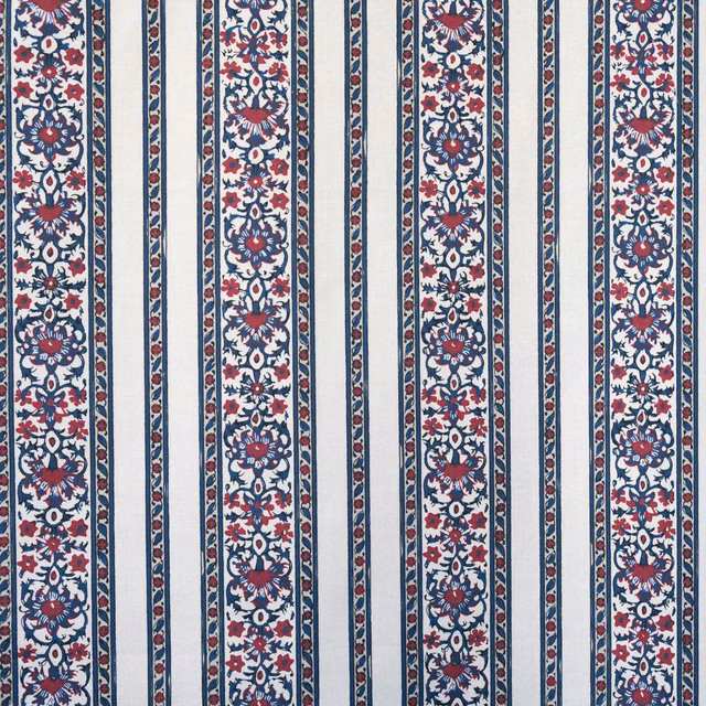 Vertical blue and pink floral stripe fabric on a pale ground