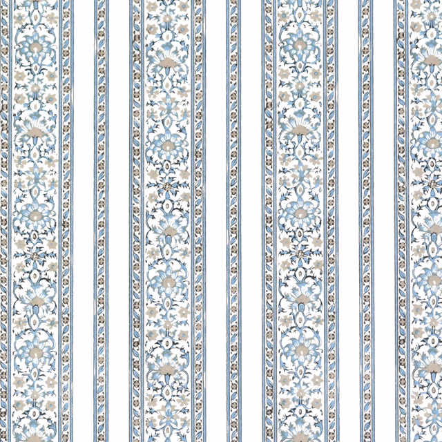 Pale blue and ivory floral stripe fabric with narrow vertical borders