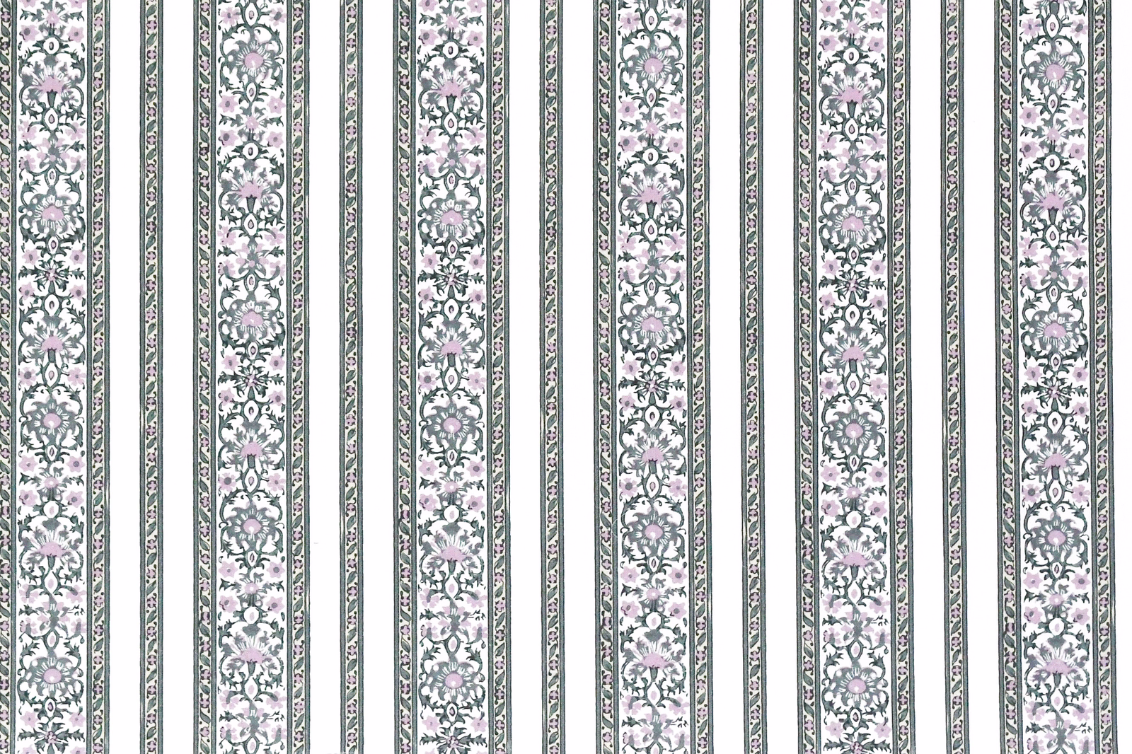 Vertical sage green stripe fabric with lilac floral motifs and white ground