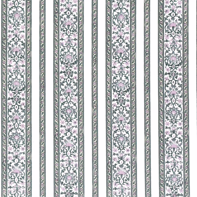 Vertical sage green stripe fabric with lilac floral motifs and white ground
