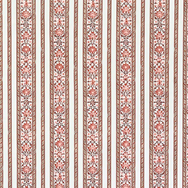 Vertical dusty rose striped fabric with ornate ivory floral bands
