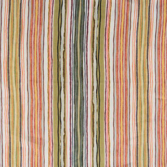 Vertical hand-drawn stripes in olive, coral, mustard and cream textile