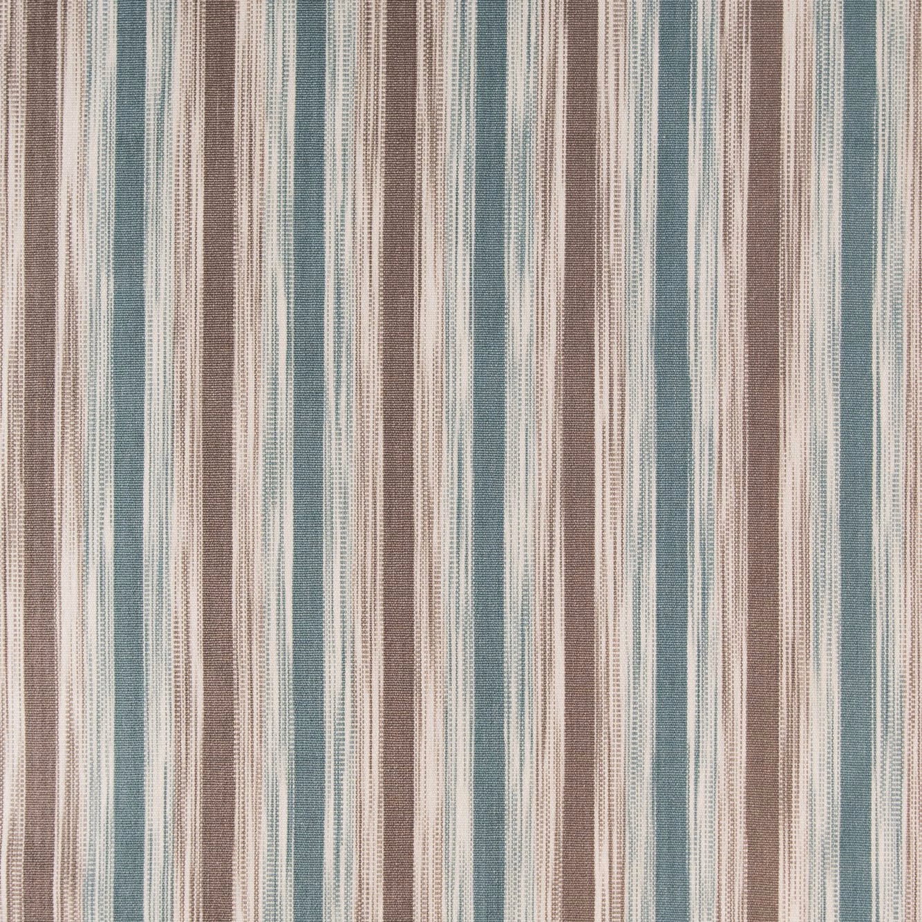 Vertical striped fabric swatch in aqua, taupe, cream and dove tones