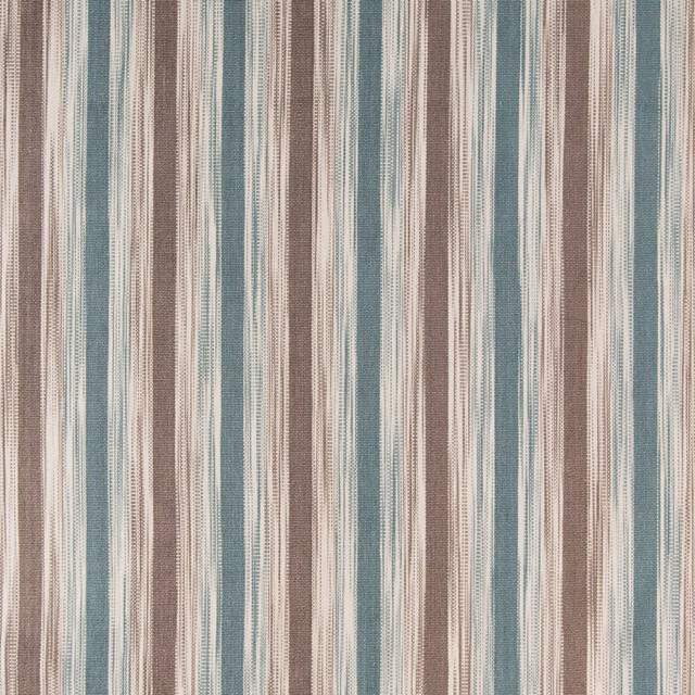 Vertical striped fabric swatch in aqua, taupe, cream and dove tones