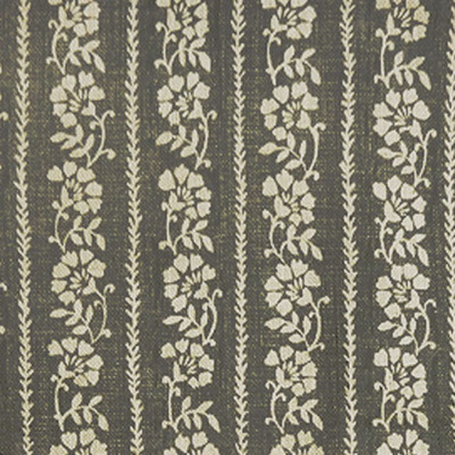 Charcoal fabric swatch with cream floral vertical stripes and leafy sprigs