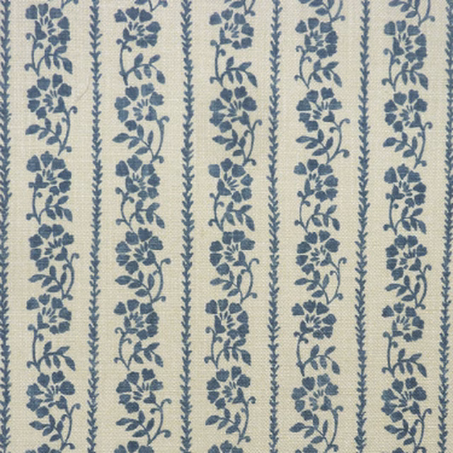 Blue floral stripe fabric with alternating vine and flower bands on a pale ground