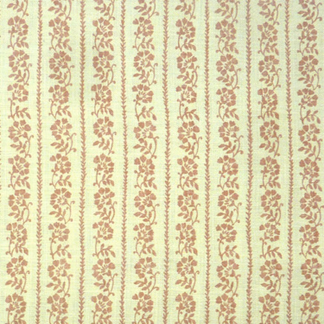 Pale fabric with vertical blush pink floral stripes on a light ground