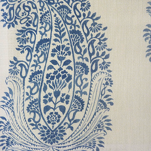 Large blue paisley damask print on a pale cream fabric swatch