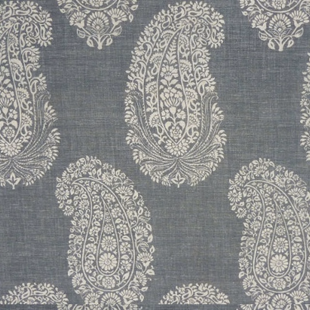 Charcoal grey woven fabric with large cream paisley motifs