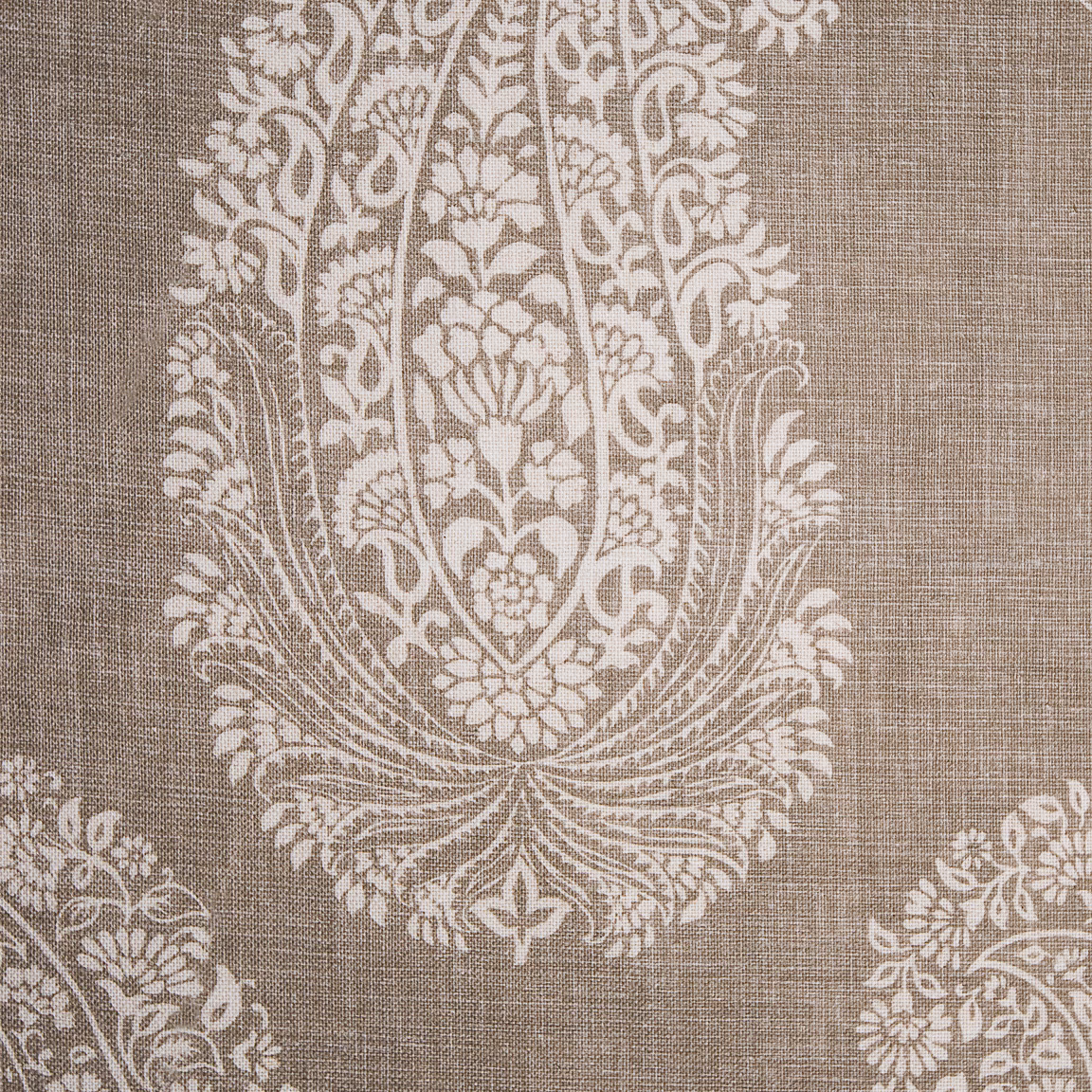 Large ivory paisley damask motif printed on a warm taupe woven ground
