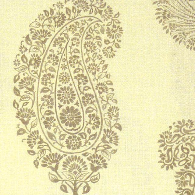 Cream fabric swatch with large taupe paisley print and small floral detailing