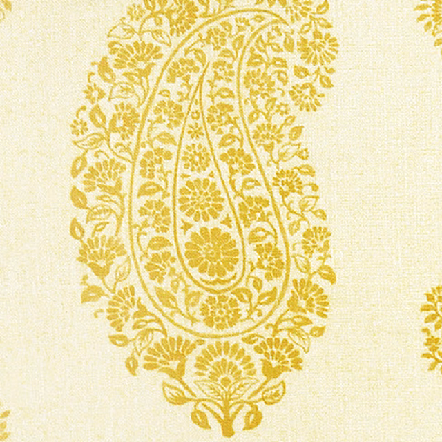 Large mustard-yellow paisley damask print on a pale cream fabric swatch