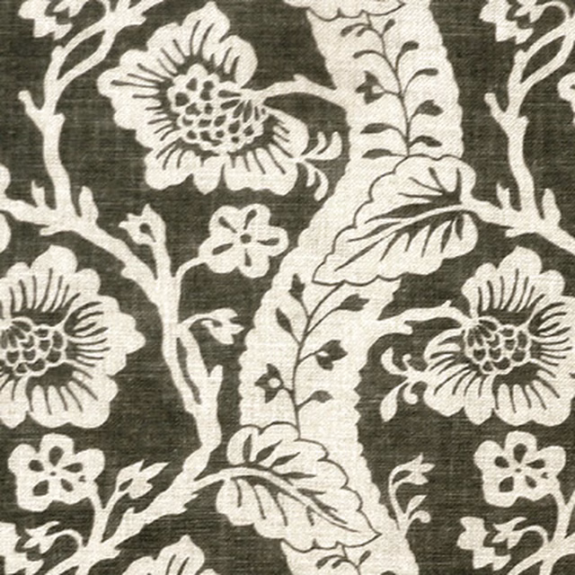 Close-up of charcoal printed fabric with large ivory floral trail motif