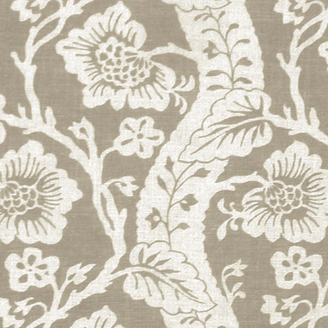 Large ivory floral trail print on a French grey taupe fabric ground