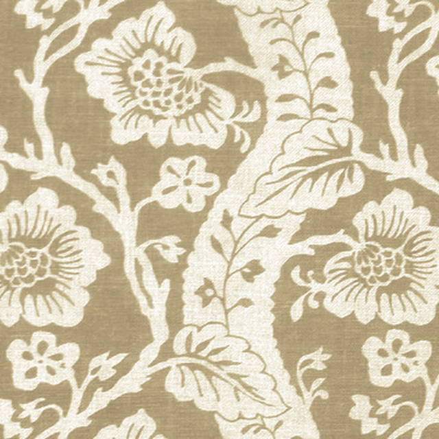 Large cream floral trail printed on a warm taupe-beige fabric swatch