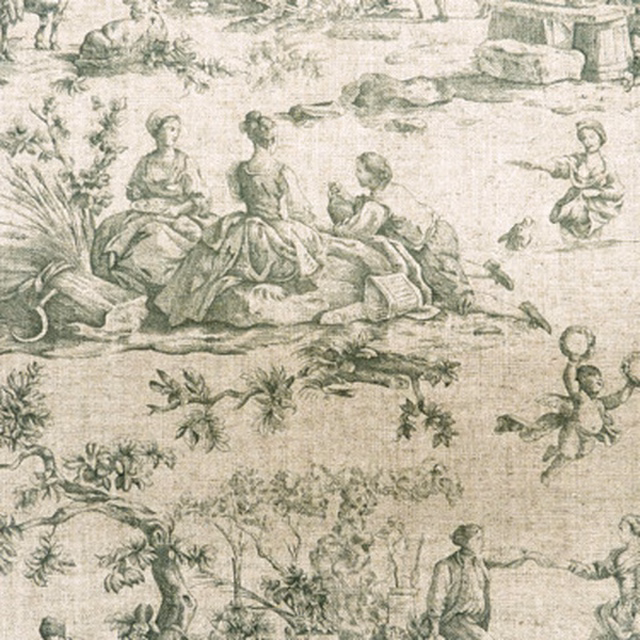 Charcoal grey pastoral toile print with figures, trees and garden scenes on a pale ground